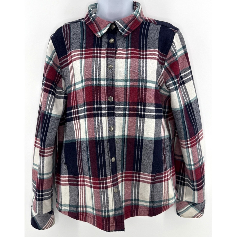 Orvis Shacket Women M Fleece Lined Snap Front Cranberry Plaid Shirt Jacket